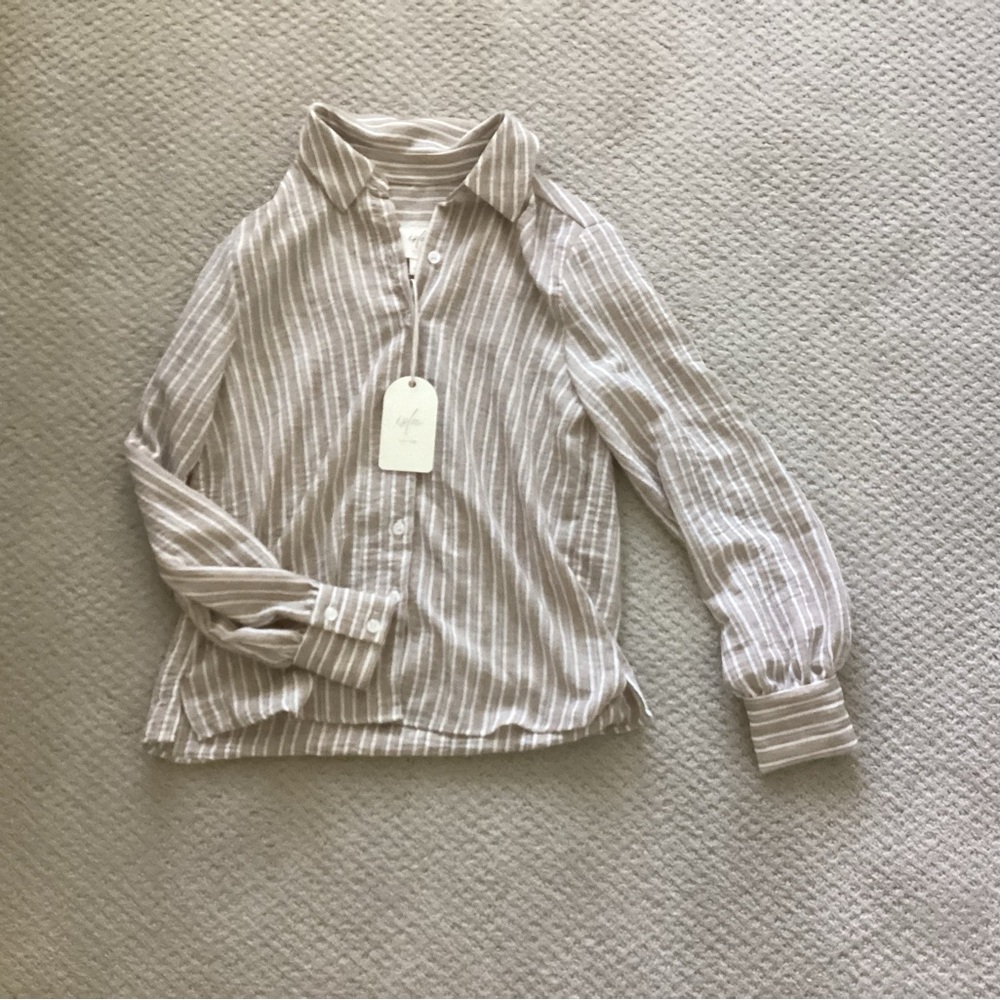 Striped Collared Button-Up Blouse in Light Beige & White